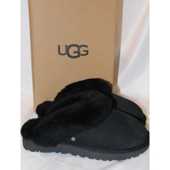 UGG WOMEN'S CLASSIC SUEDE SHEARLING LINED SLIPPERS BLACK NIB - Picture 1 of 7